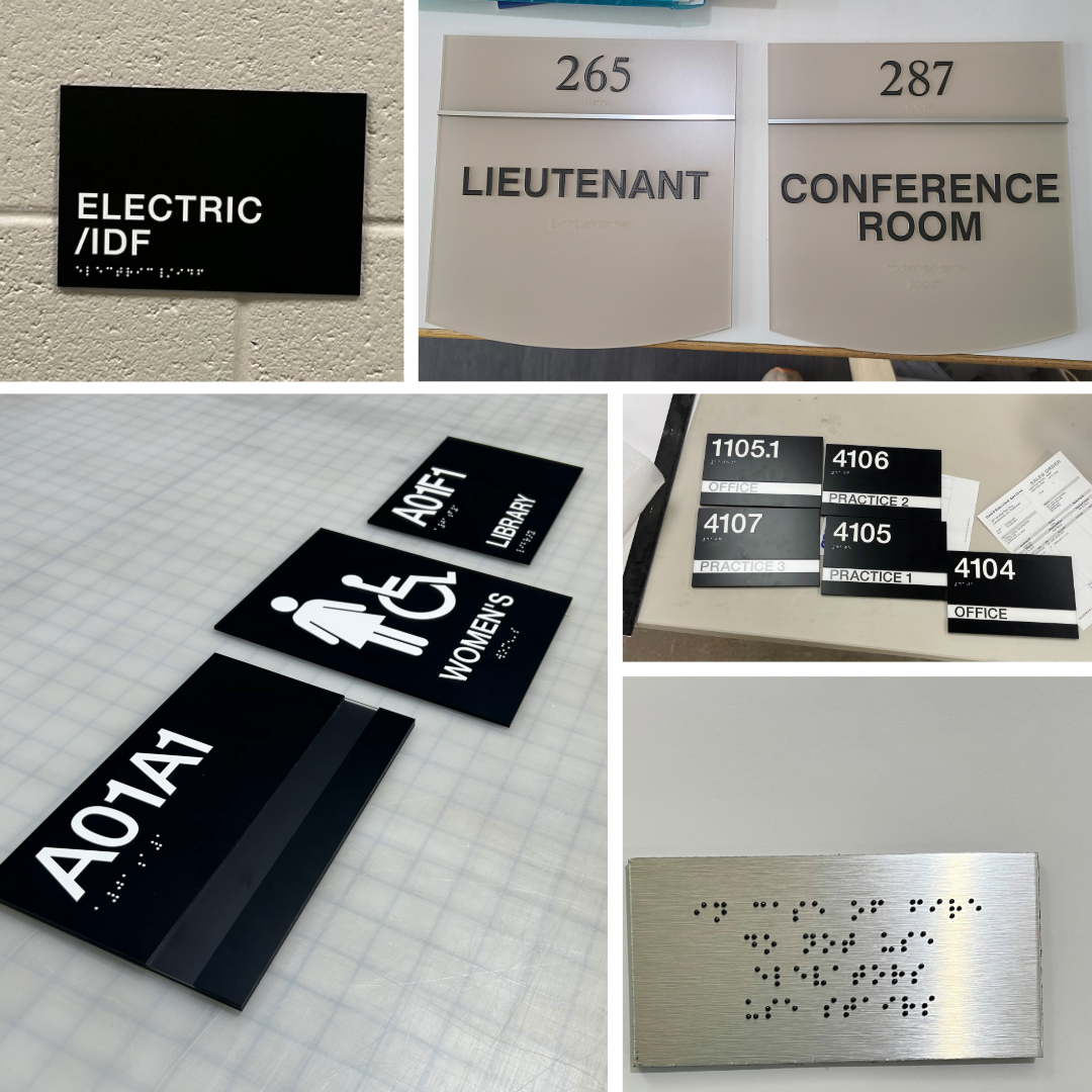 ADA and Braille room signs and restroom signage manufactured by Signs and More for accessible wayfinding in Georgia buildings